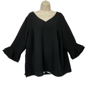 Lands End Blouse Womens 20W Black V Neck Ruffle Sleeve Tunic Top Light Flowy Top